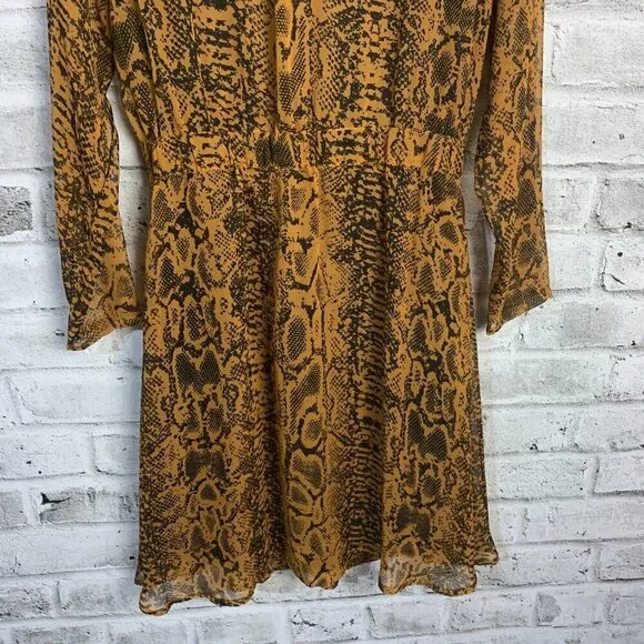 Ichi Day Dress Snakeskin Print Flowy Sheer Chiffon V-Neck Long Sleeve - Picture 9 of 12
